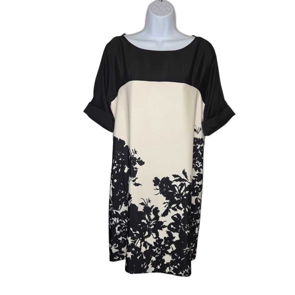 Eliza J Colorblock Floral Shift Dress Black Cream Satin-Look Size 10